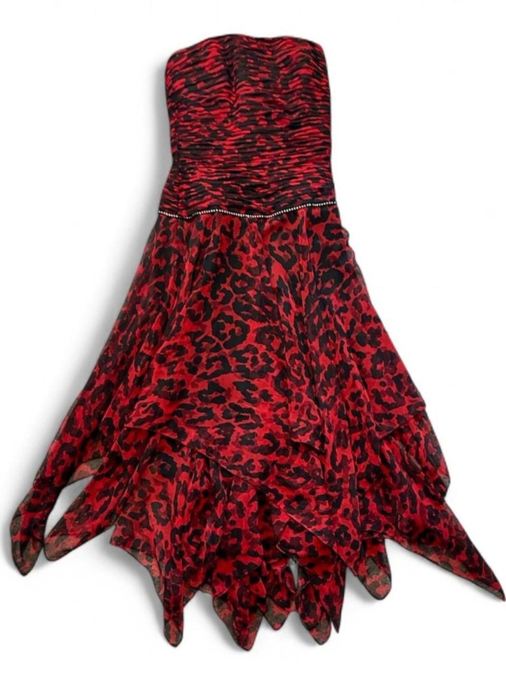 A.J. Bari Vintage Red/black leopard print strapless dress and rhinestone trim